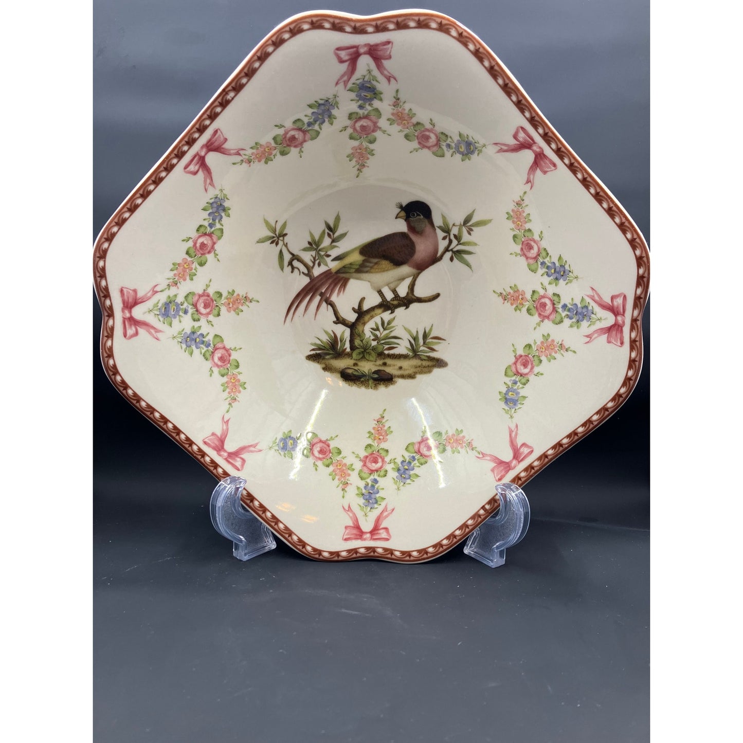 Vintage Floral Bird on a Branch Ornate Shallow Dish Made in Italy by Antiche Riproduzioni