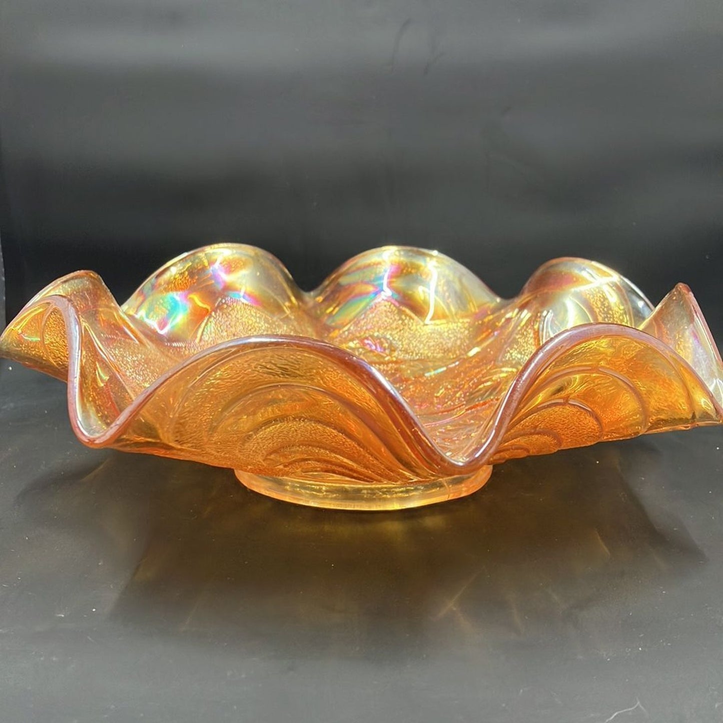 Vintage Imperial Art Glass Carnival Pansy Bowl Flowers 8" Marigold