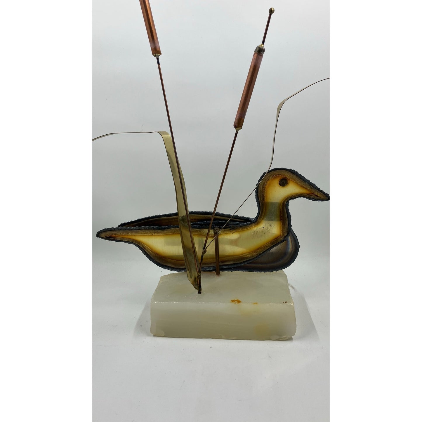 Brutalist Brass and Bronze Duck with  Copper Cattails on Onyx Base Signed John DeMott