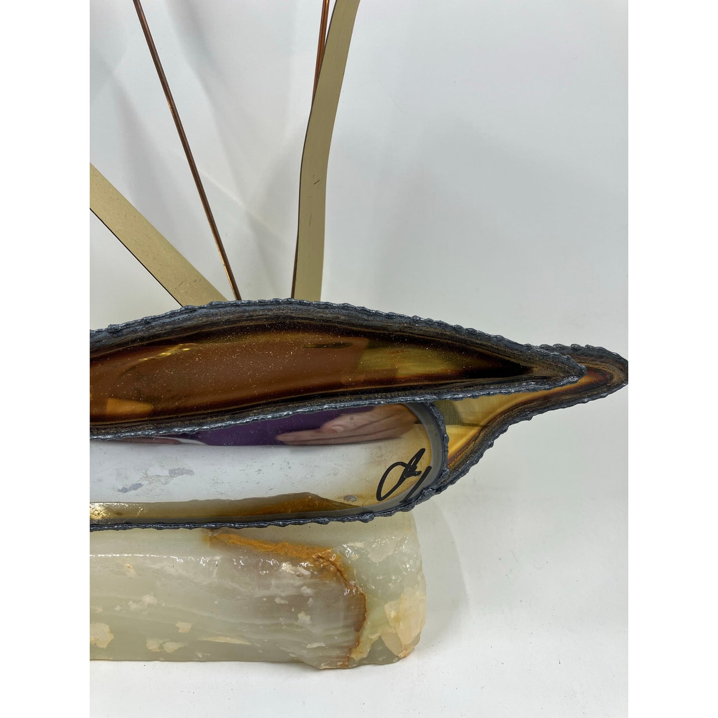 Brutalist Brass and Bronze Duck with  Copper Cattails on Onyx Base Signed John DeMott