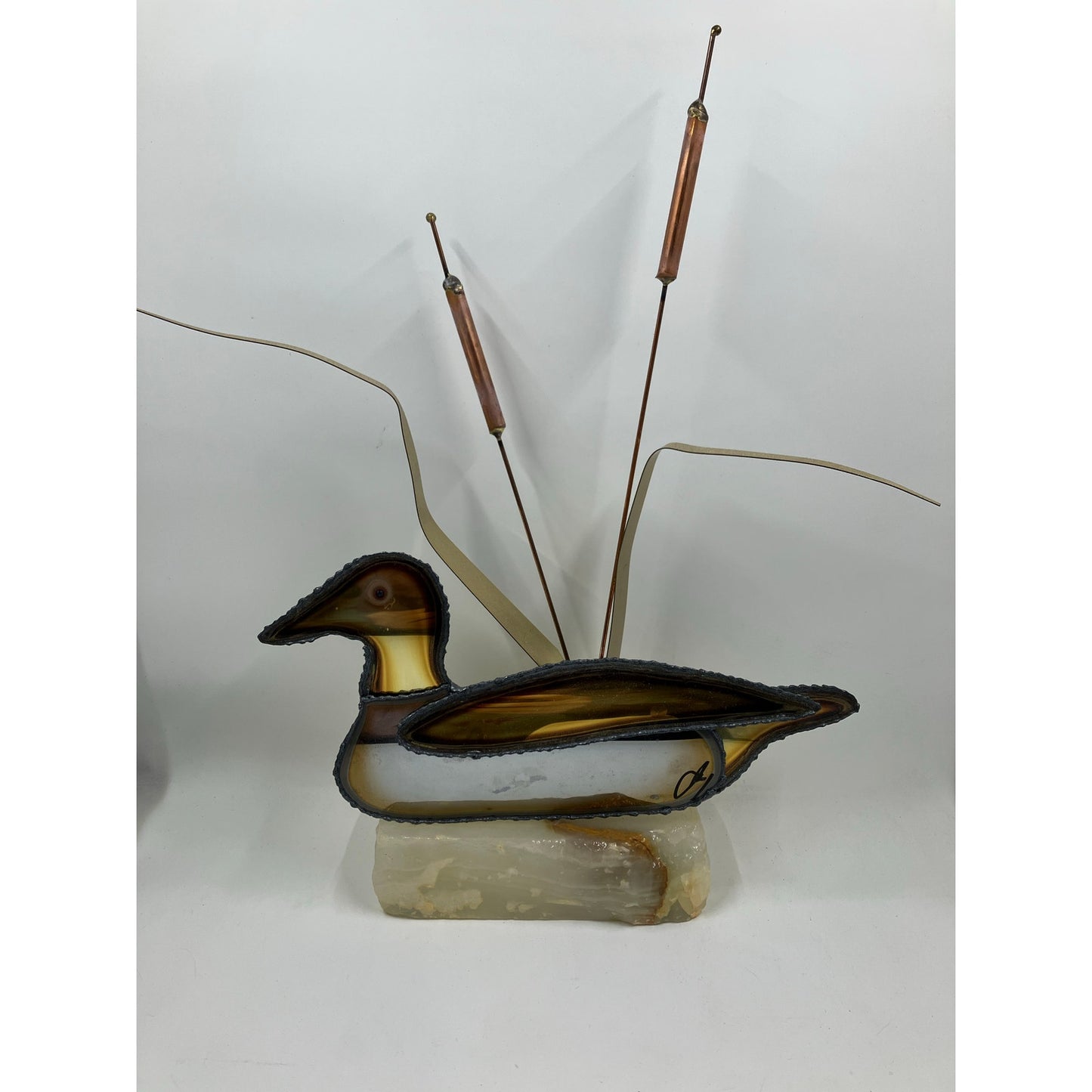 Brutalist Brass and Bronze Duck with  Copper Cattails on Onyx Base Signed John DeMott
