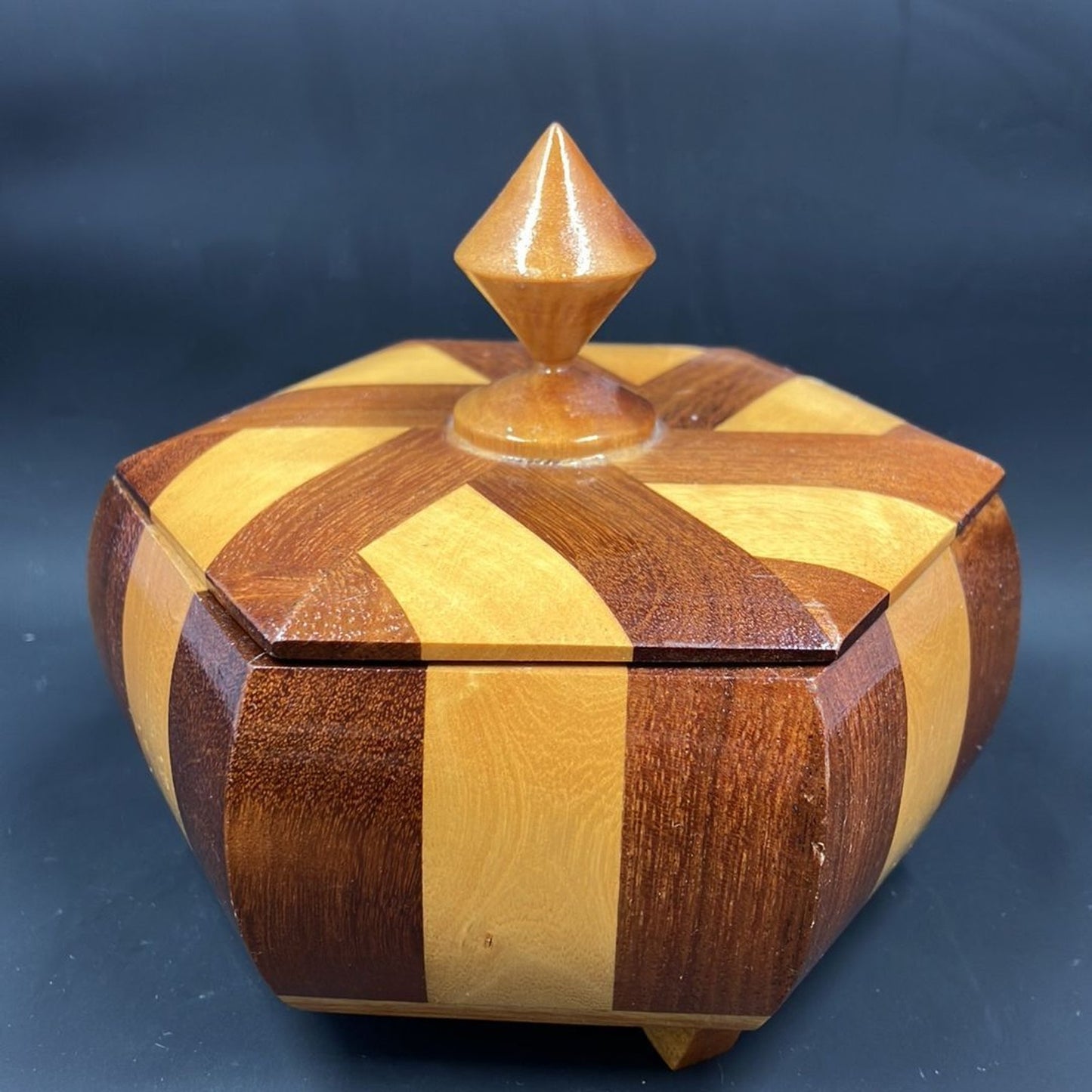 Vintage Marquetry Hexagonal Jewelry / Trinket Box, Artisan Wood Box, Marquetry Wood Design.