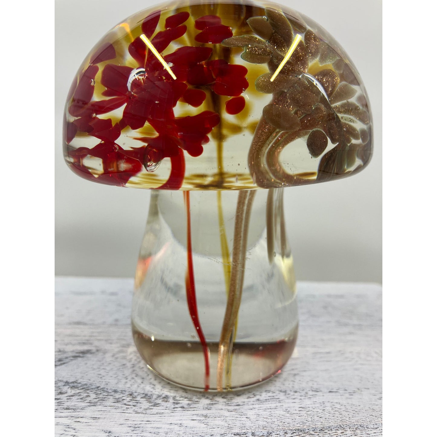 Blown Glass Mushroom Red, Brown & Copper sparkles with Flower Stems Flowing Downward