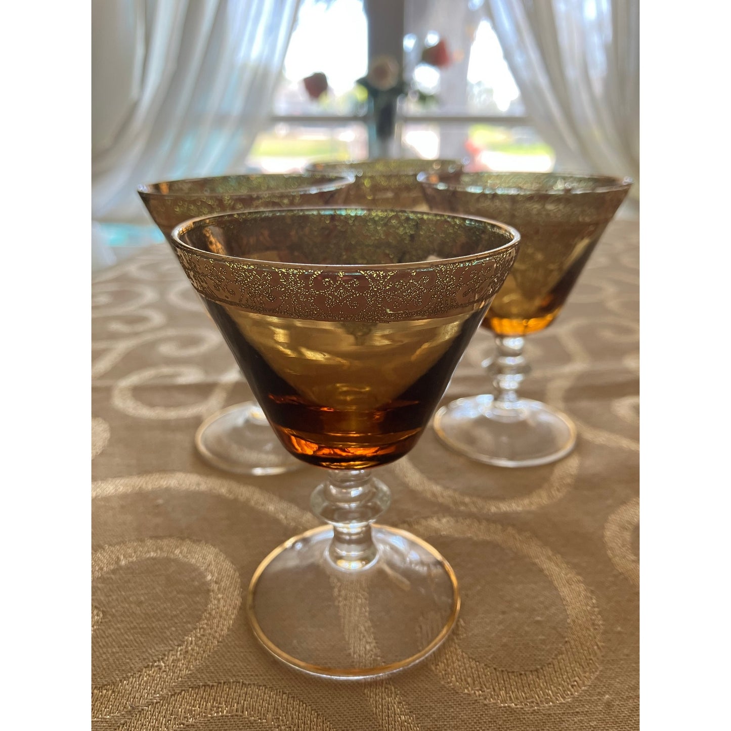 Murano Italian Blown Glass Sherry Decanter and Glasses Set Amber with Heavy Gold Overlay