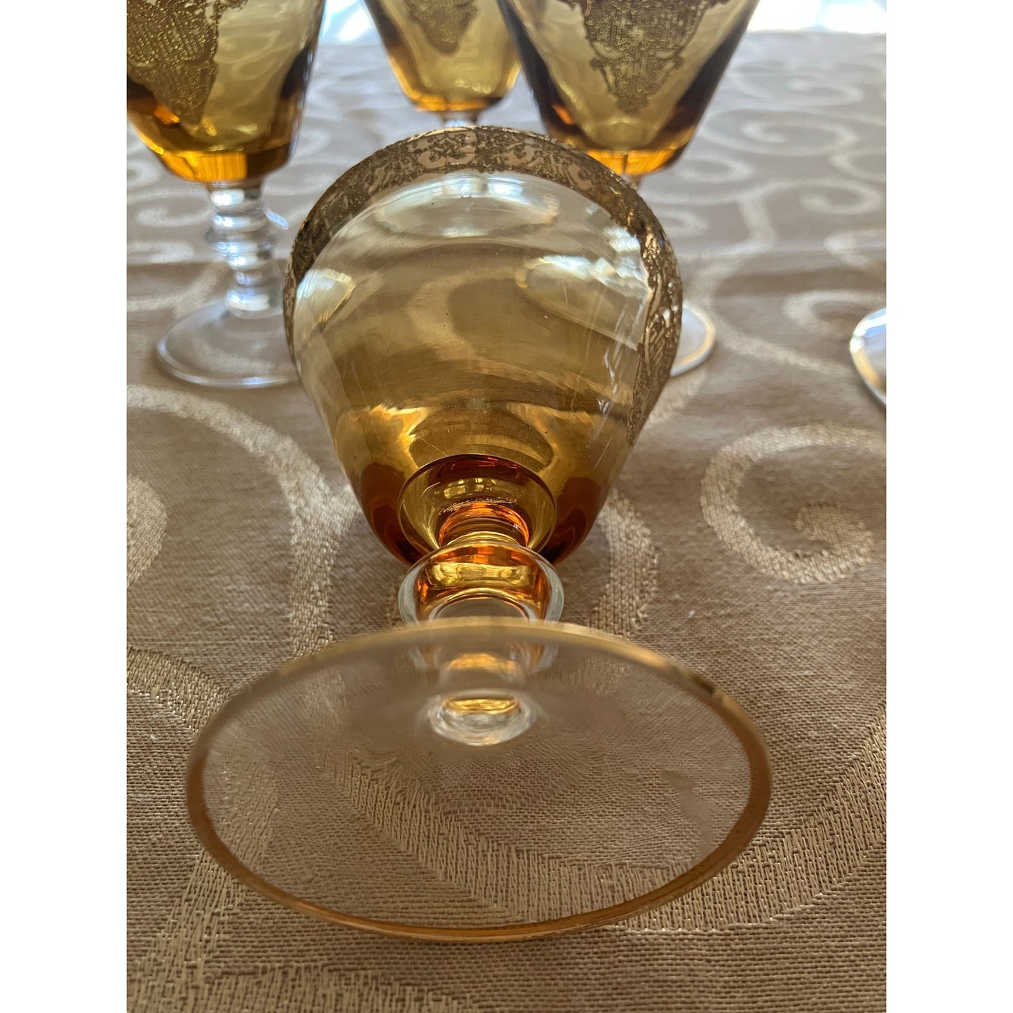 Murano Italian Blown Glass Sherry Decanter and Glasses Set Amber with Heavy Gold Overlay