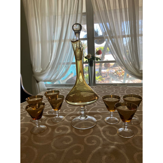 Murano Italian Blown Glass Sherry Decanter and Glasses Set Amber with Heavy Gold Overlay