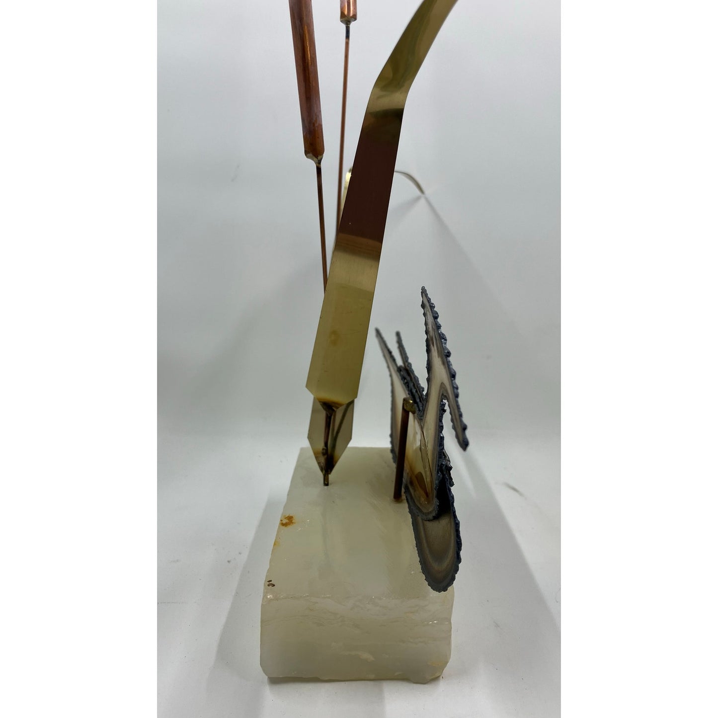 Brutalist Brass and Bronze Duck with  Copper Cattails on Onyx Base Signed John DeMott