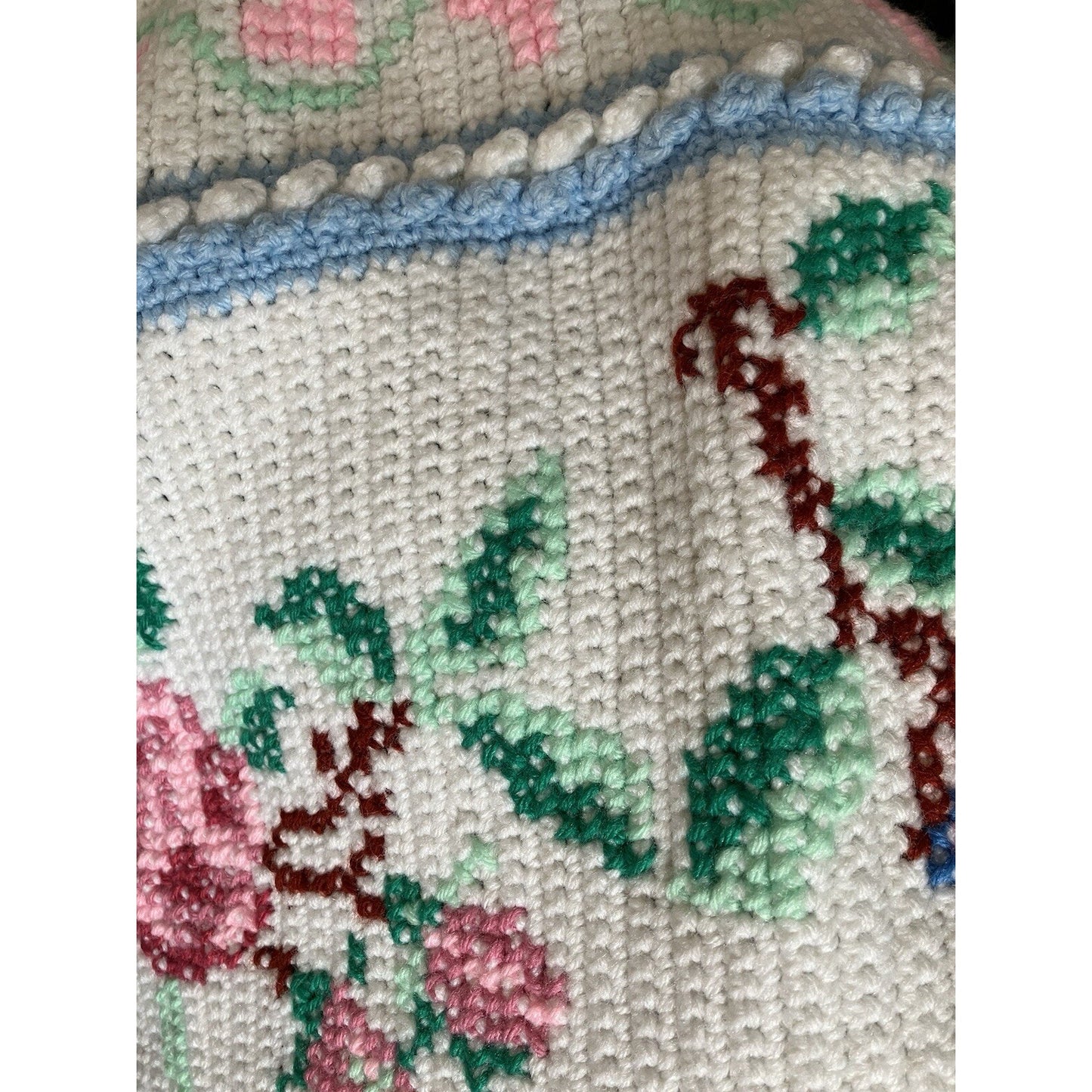 Handmade Tunisian Crochet Afghan Blanket Cross Stitch Floral Rose Theme, 57”x56”