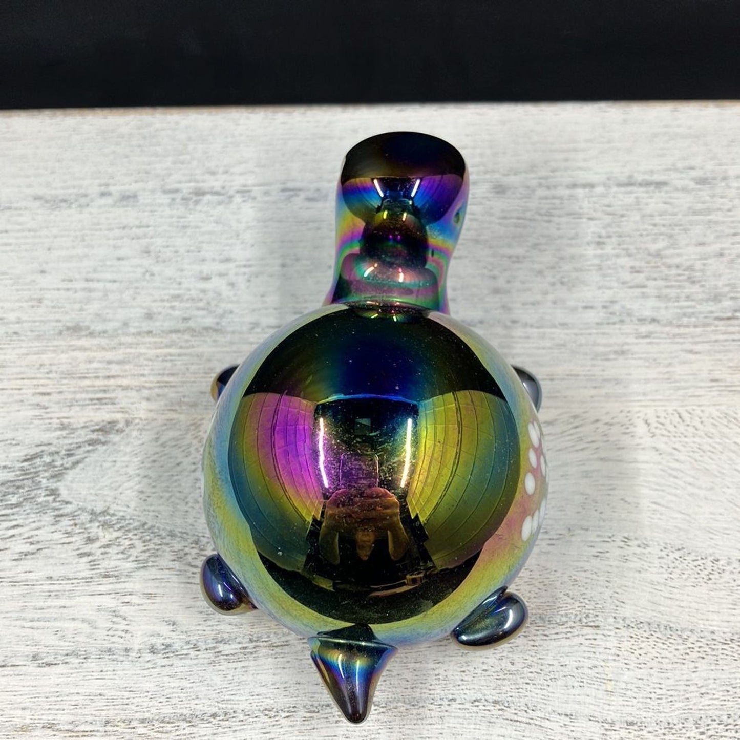 Vintage Hand Blown Iridescent Blue Carnival Glass Turtle Paperweight w/ Infused White Spots