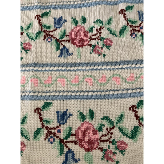 Handmade Tunisian Crochet Afghan Blanket Cross Stitch Floral Rose Theme, 57”x56”