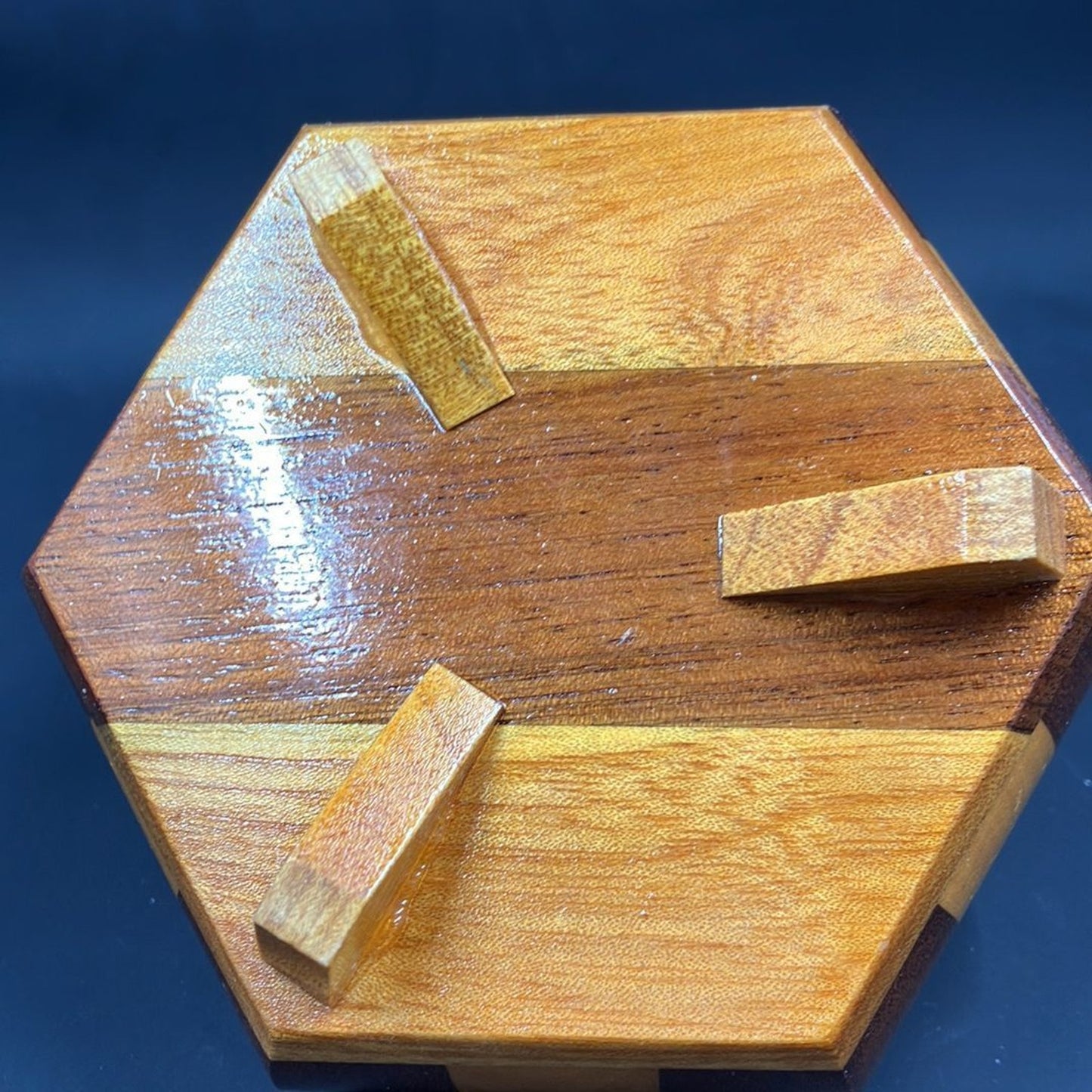 Vintage Marquetry Hexagonal Jewelry / Trinket Box, Artisan Wood Box, Marquetry Wood Design.