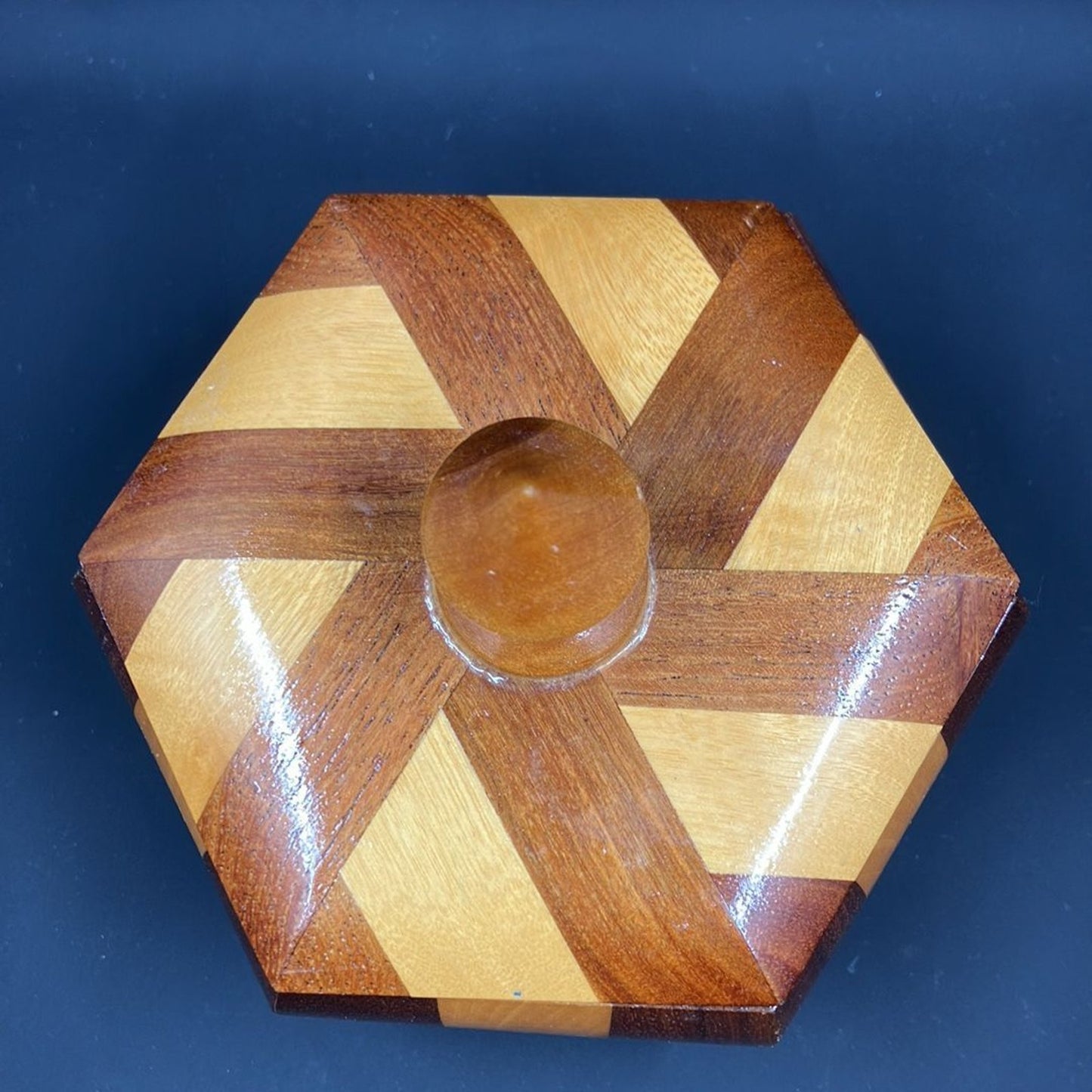 Vintage Marquetry Hexagonal Jewelry / Trinket Box, Artisan Wood Box, Marquetry Wood Design.