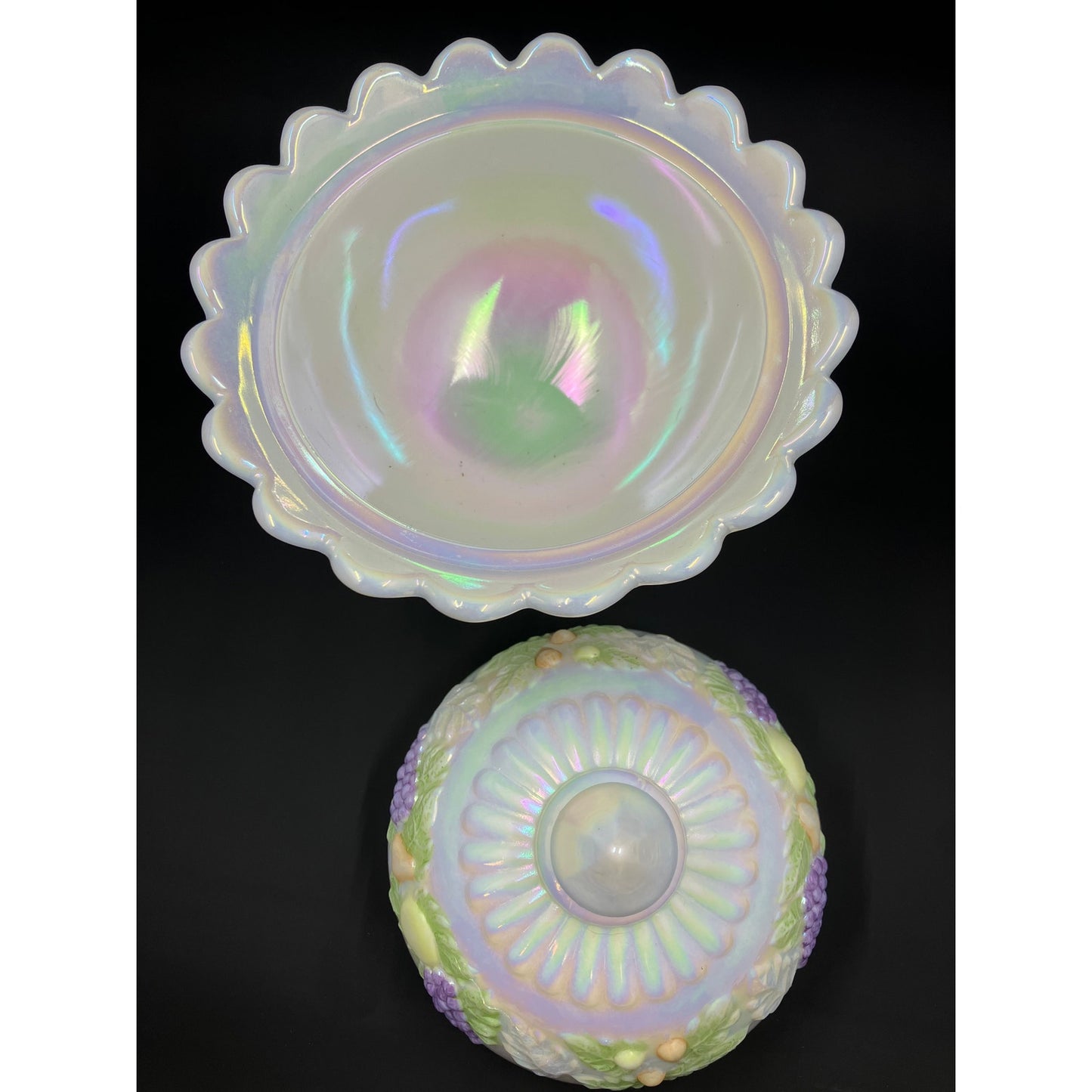 Westmoreland Iridescent Milk Glass Della Robbia Lidded Pedestal Candy Dish