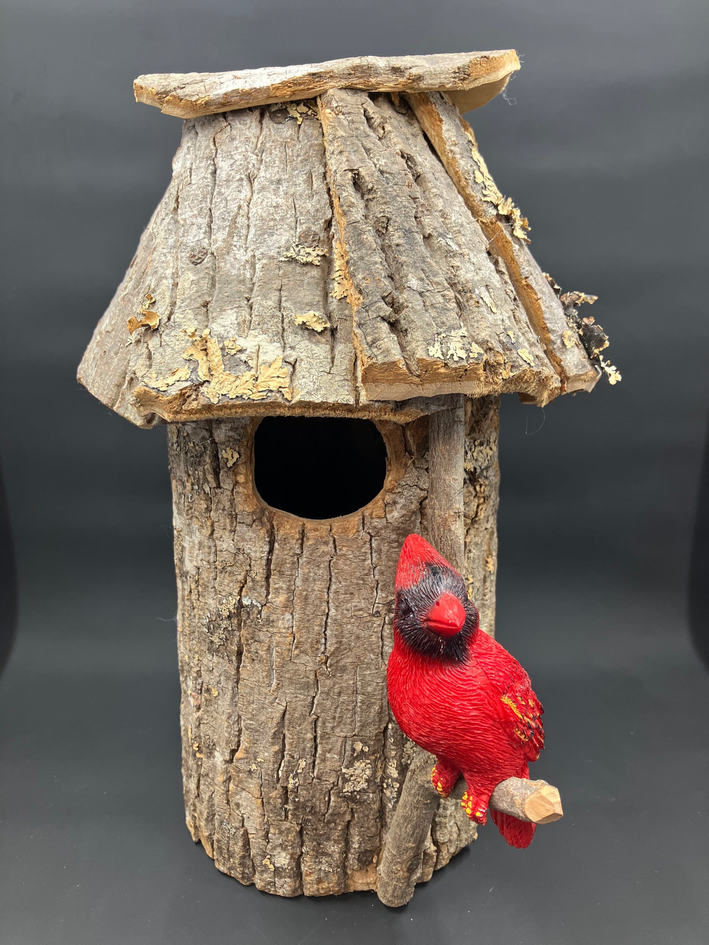 Handmade Bark Birdhouse with Cardinal Figurine