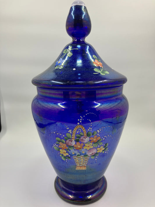 Bohemian Cobalt Blue Iridescent Enameled Apothecary Jar with Lid, Circa 1930's