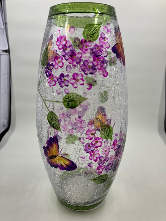 Crackle Glass Hand Painted Vase with Butterfly & Flower Motif