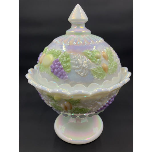 Westmoreland Iridescent Milk Glass Della Robbia Lidded Pedestal Candy Dish
