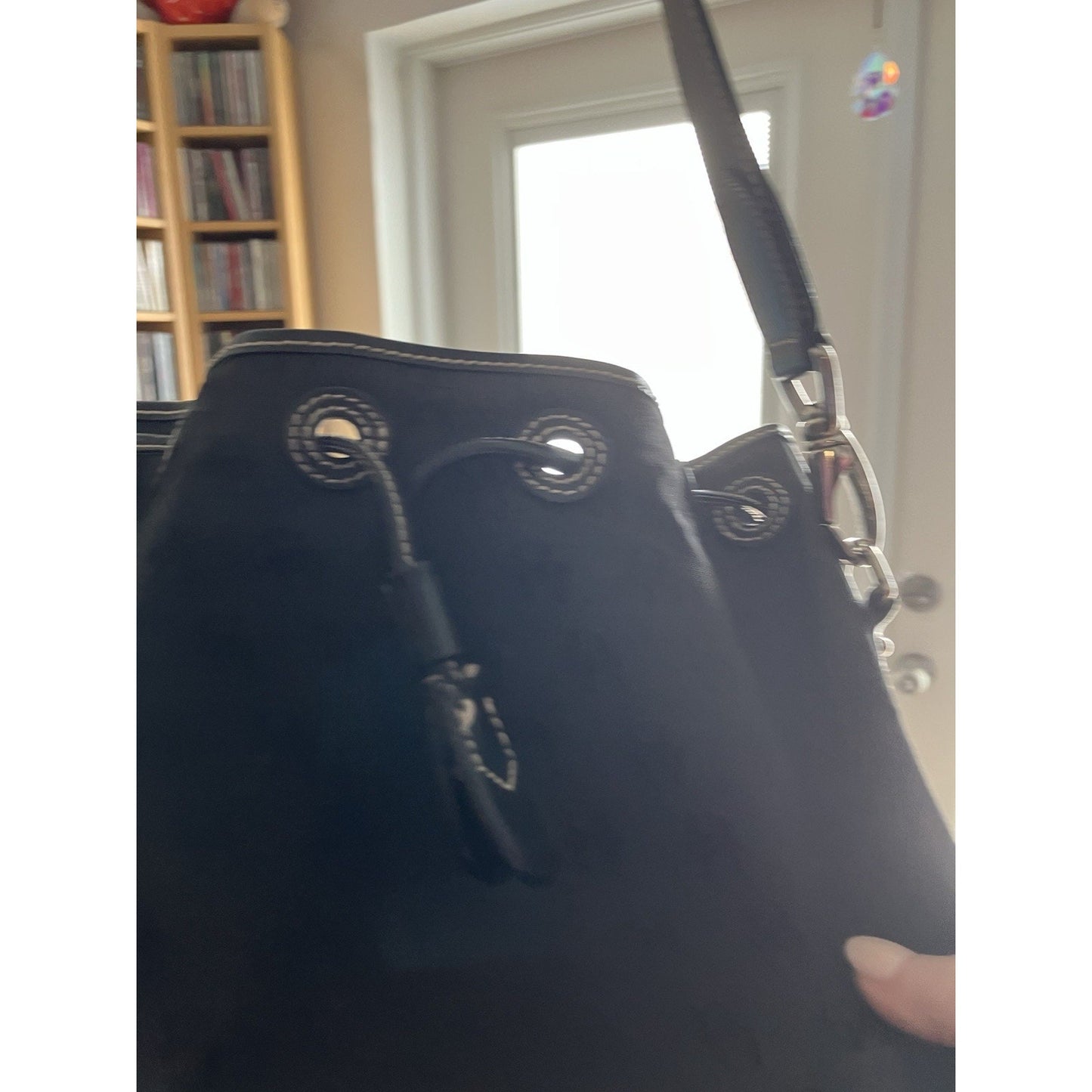 Vintage Black Signature Monogram DOONEY BOURKE Bucket Drawstring Cinch Bag