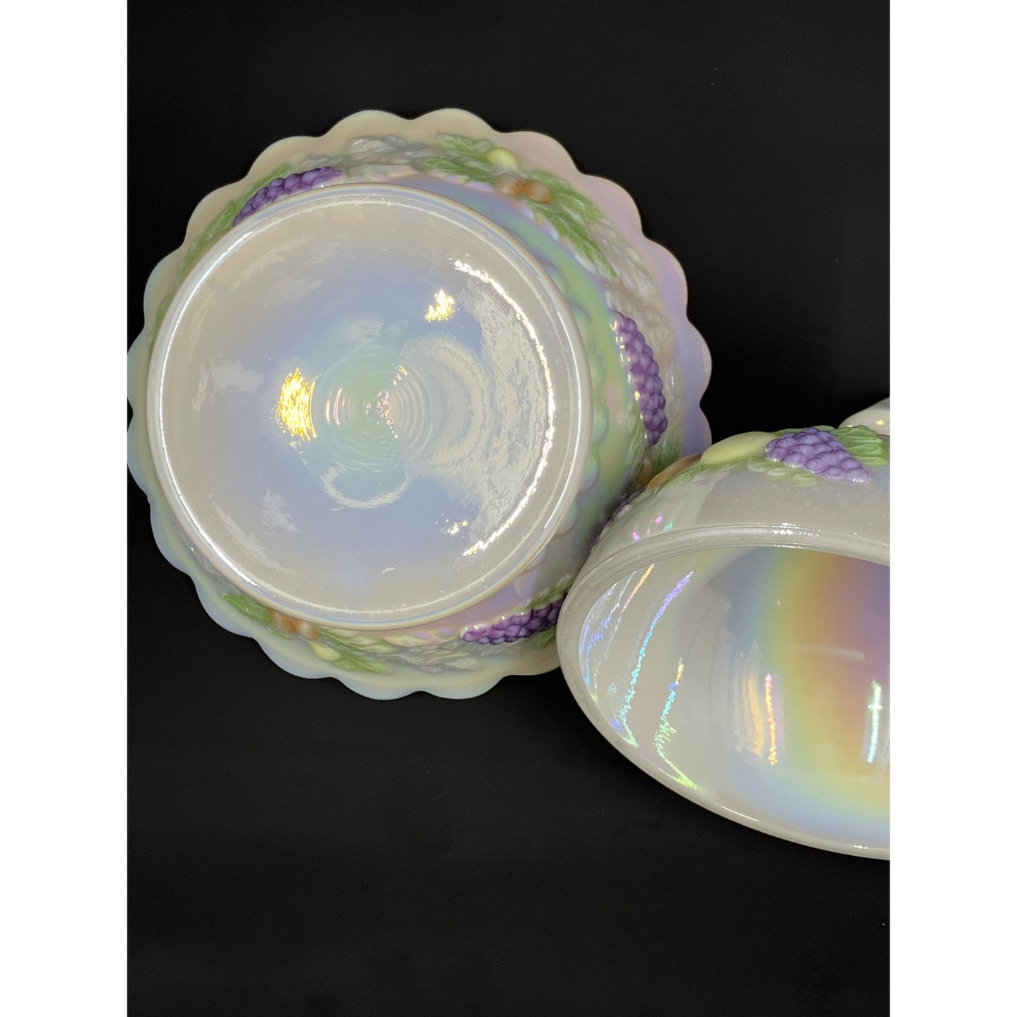 Westmoreland Iridescent Milk Glass Della Robbia Lidded Pedestal Candy Dish