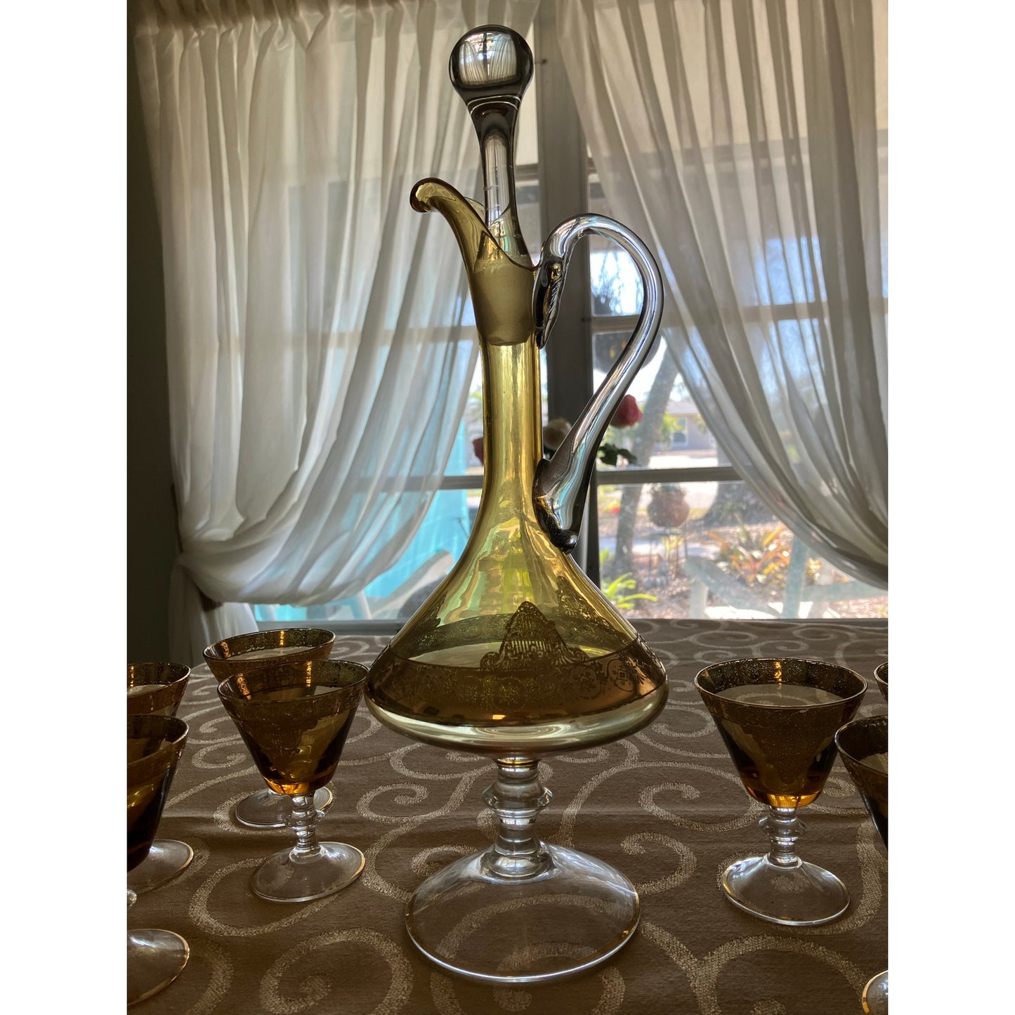 Murano Italian Blown Glass Sherry Decanter and Glasses Set Amber with Heavy Gold Overlay