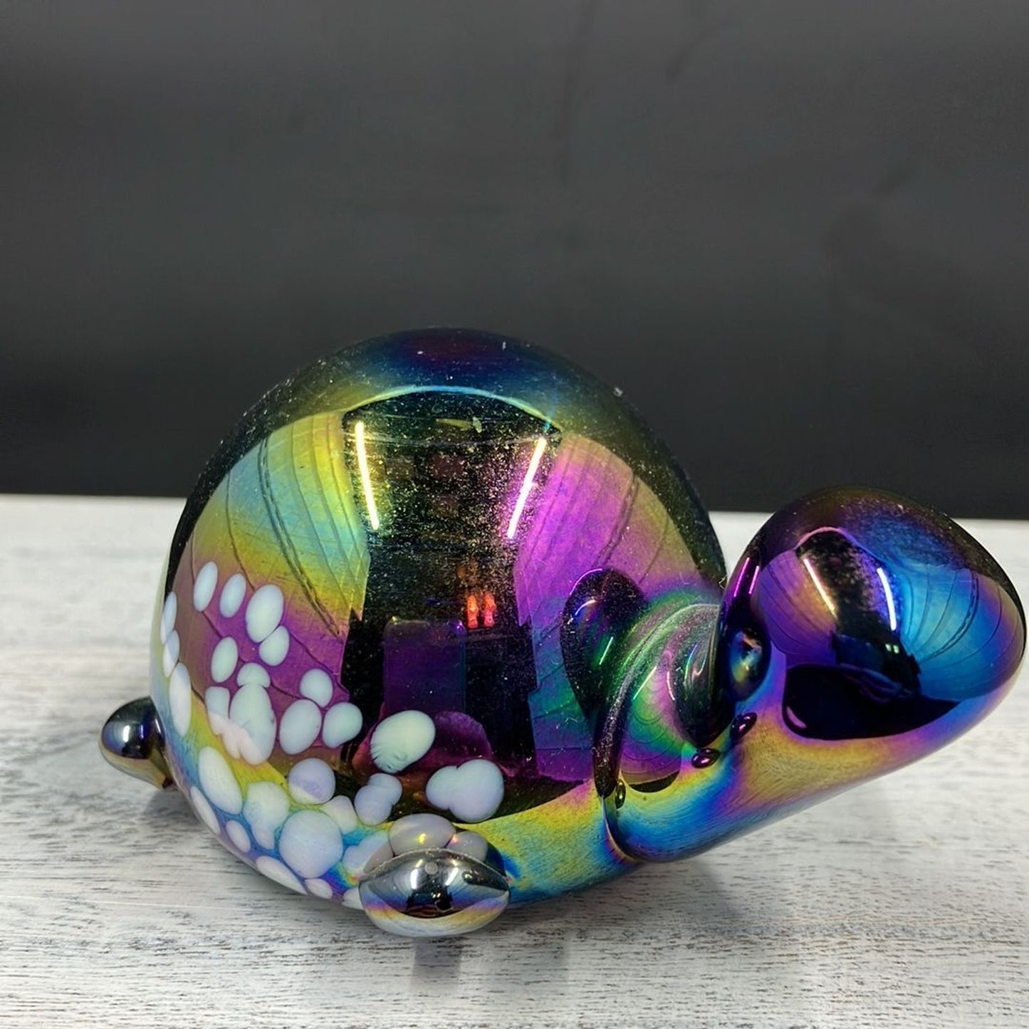 Vintage Hand Blown Iridescent Blue Carnival Glass Turtle Paperweight w/ Infused White Spots