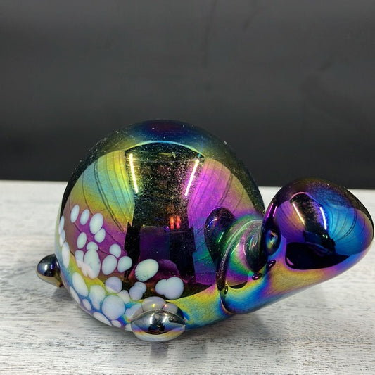 Vintage Hand Blown Iridescent Blue Carnival Glass Turtle Paperweight w/ Infused White Spots