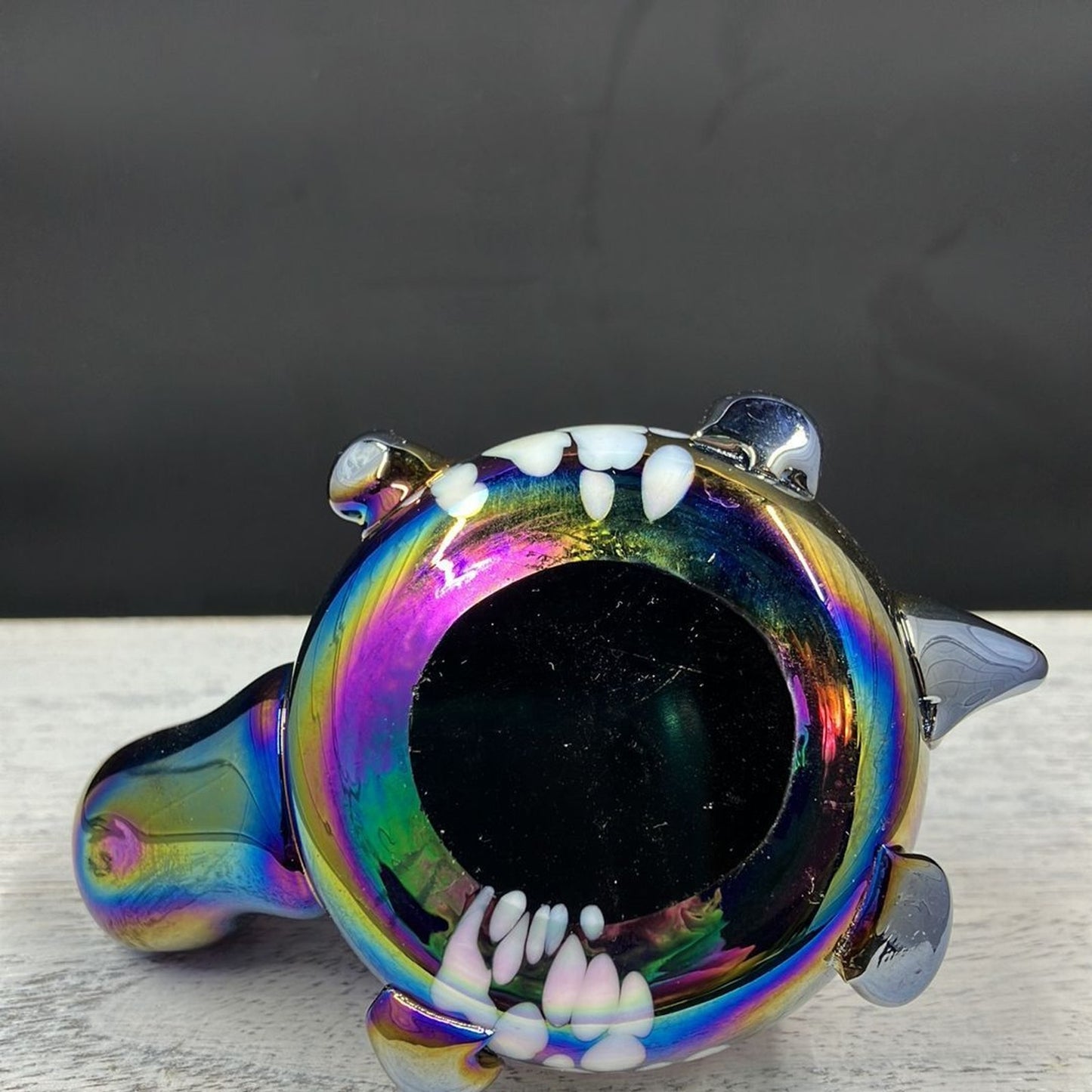 Vintage Hand Blown Iridescent Blue Carnival Glass Turtle Paperweight w/ Infused White Spots