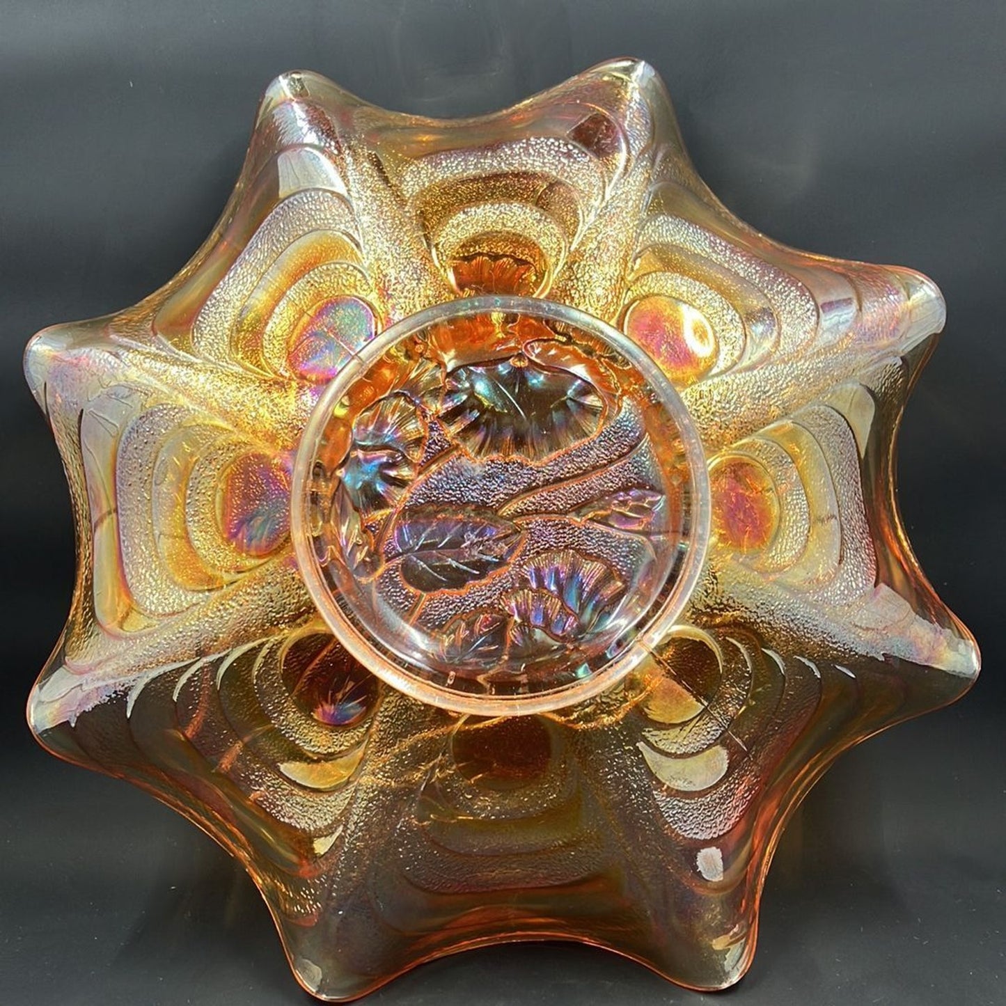 Vintage Imperial Art Glass Carnival Pansy Bowl Flowers 8" Marigold
