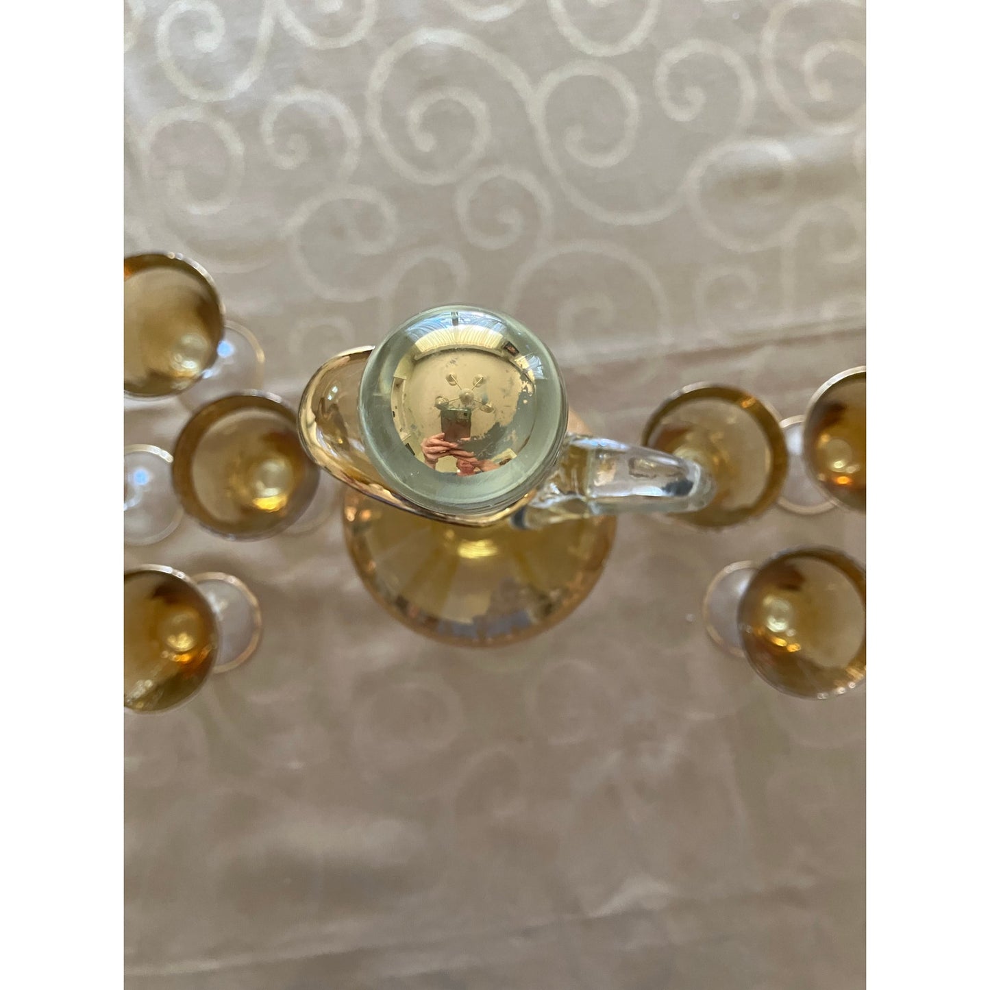 Murano Italian Blown Glass Sherry Decanter and Glasses Set Amber with Heavy Gold Overlay