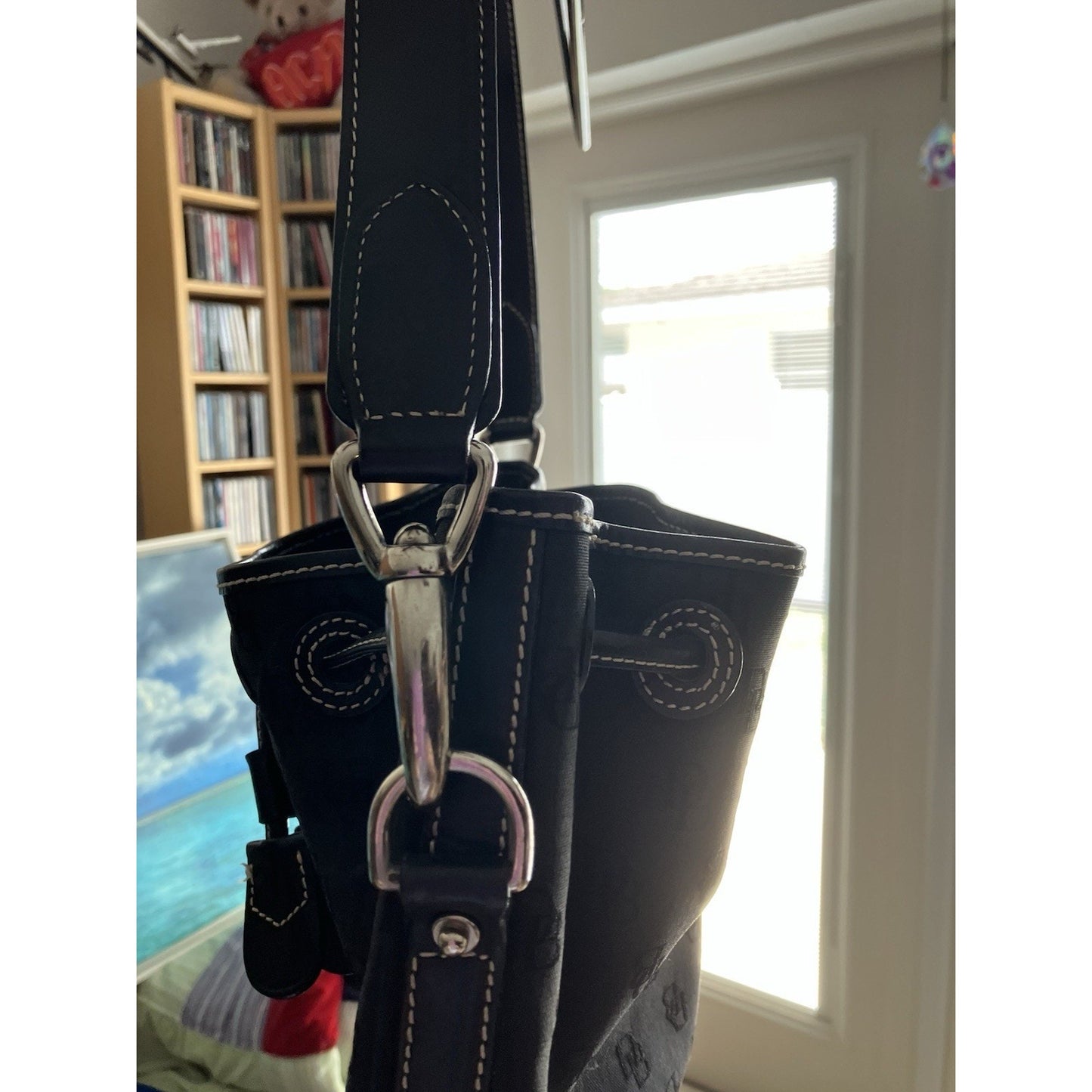 Vintage Black Signature Monogram DOONEY BOURKE Bucket Drawstring Cinch Bag