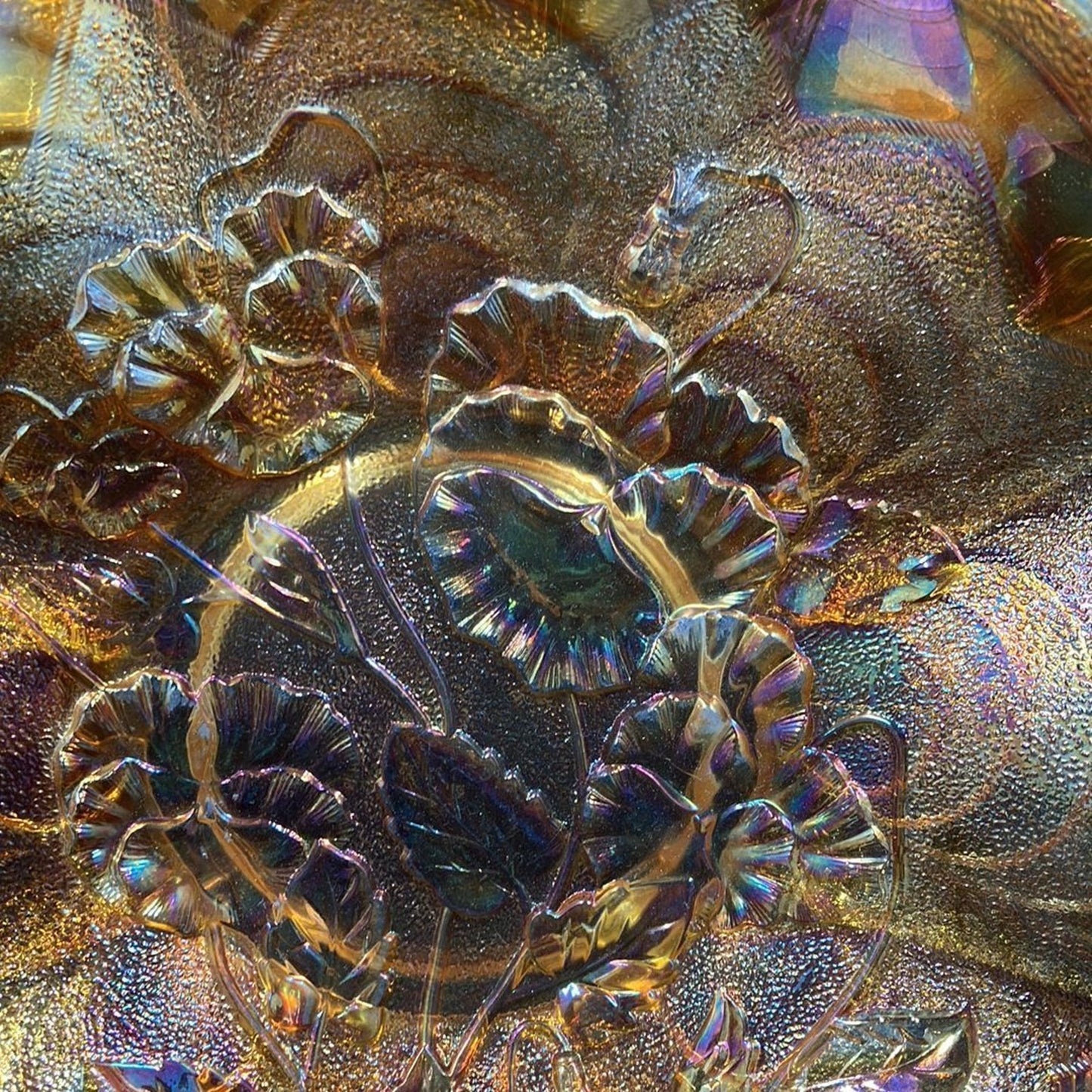 Vintage Imperial Art Glass Carnival Pansy Bowl Flowers 8" Marigold