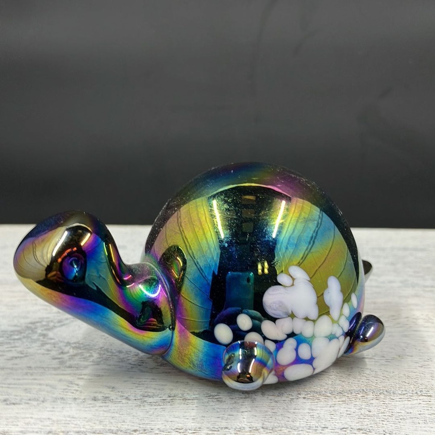 Vintage Hand Blown Iridescent Blue Carnival Glass Turtle Paperweight w/ Infused White Spots