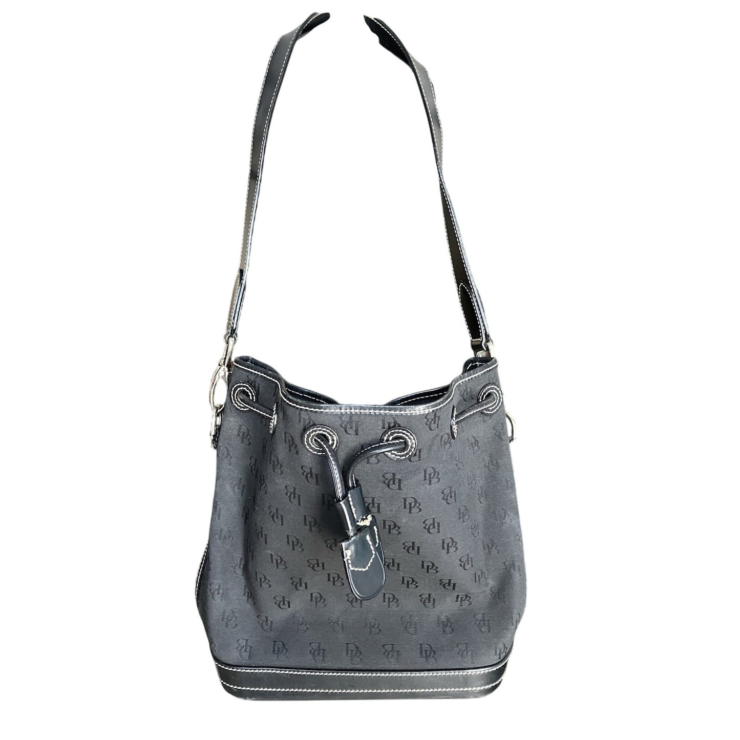 Vintage Black Signature Monogram DOONEY BOURKE Bucket Drawstring Cinch Bag