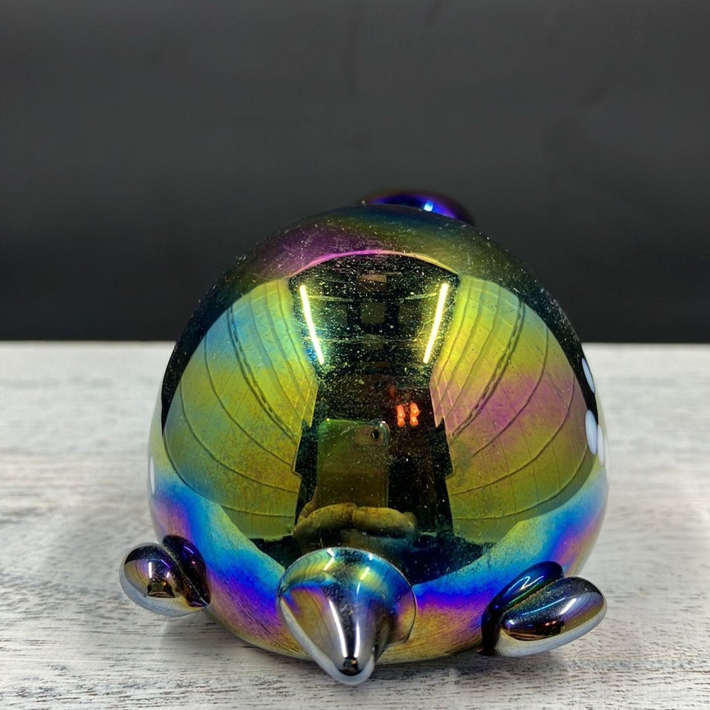 Vintage Hand Blown Iridescent Blue Carnival Glass Turtle Paperweight w/ Infused White Spots