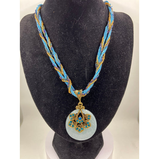 Vintage Bohemian Look Statement NecklaceTurquoise Boho Twist Woven Beaded Rope Chunky Chain With Rhinestone Pendant