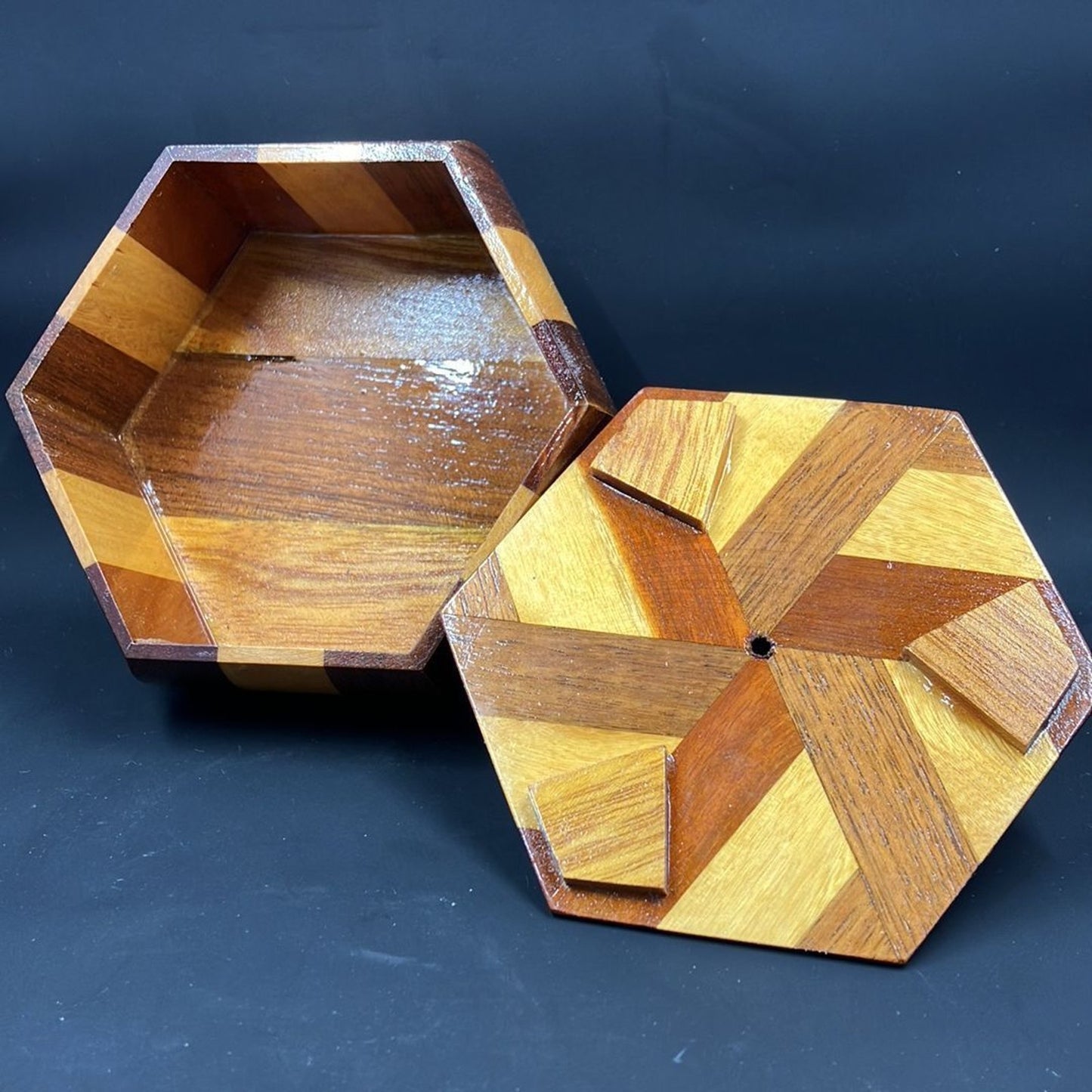 Vintage Marquetry Hexagonal Jewelry / Trinket Box, Artisan Wood Box, Marquetry Wood Design.