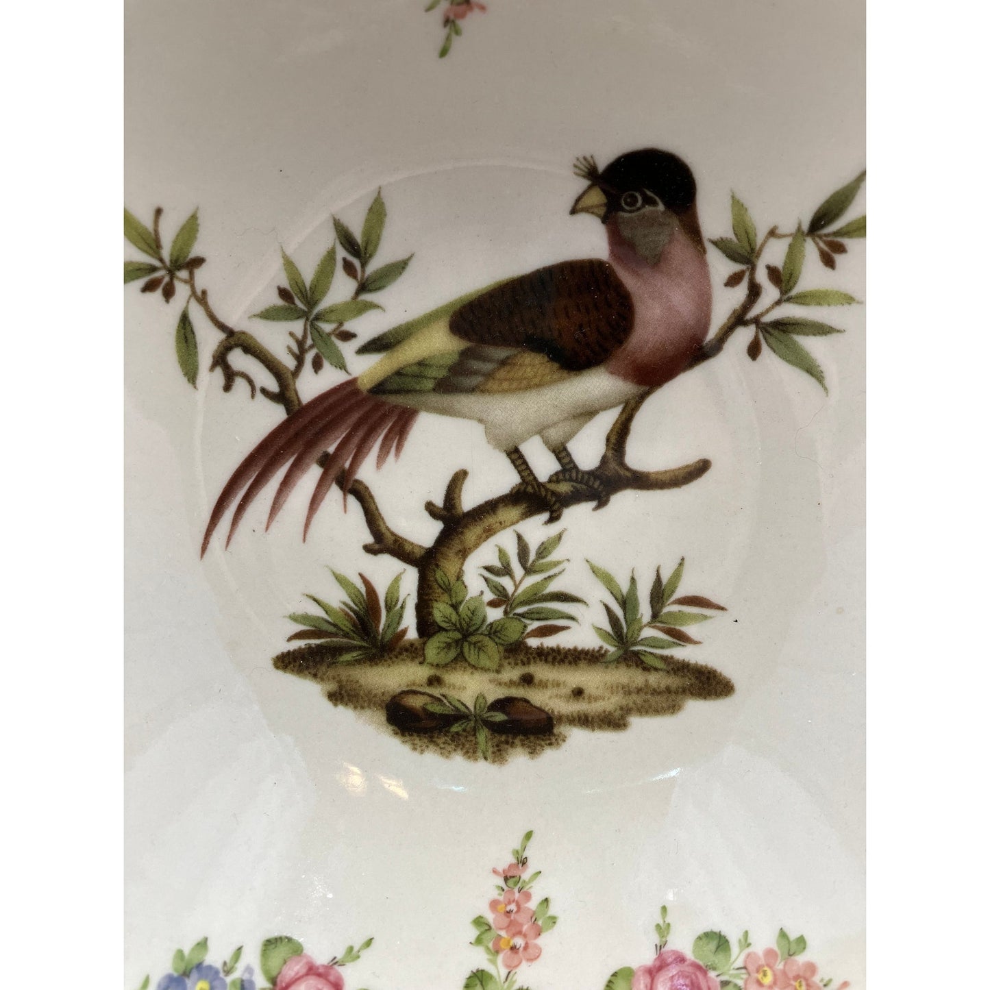 Vintage Floral Bird on a Branch Ornate Shallow Dish Made in Italy by Antiche Riproduzioni